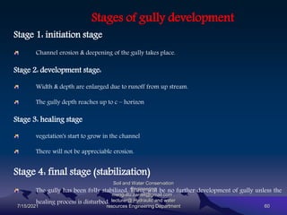 Stages of gully development
Stage 1: initiation stage
Channel erosion & deepening of the gully takes place.
Stage 2: development stage:
Width & depth are enlarged due to runoff from up stream.
The gully depth reaches up to c – horizon
Stage 3: healing stage
vegetation's start to grow in the channel
There will not be appreciable erosion.
Stage 4: final stage (stabilization)
The gully has been fully stabilized. There will be no further development of gully unless the
healing process is disturbed.
7/15/2021
Soil and Water Conservation
Engineering
mengistu.zantet@gmail.com .
lecturer@ Hydraulic and water
resources Engineering Department 60
 