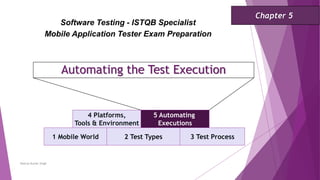 Automating the Test Execution
1 Mobile World 2 Test Types 3 Test Process
Software Testing - ISTQB Specialist
Mobile Application Tester Exam Preparation
Chapter 5
Neeraj Kumar Singh
4 Platforms,
Tools & Environment
5 Automating
Executions
 