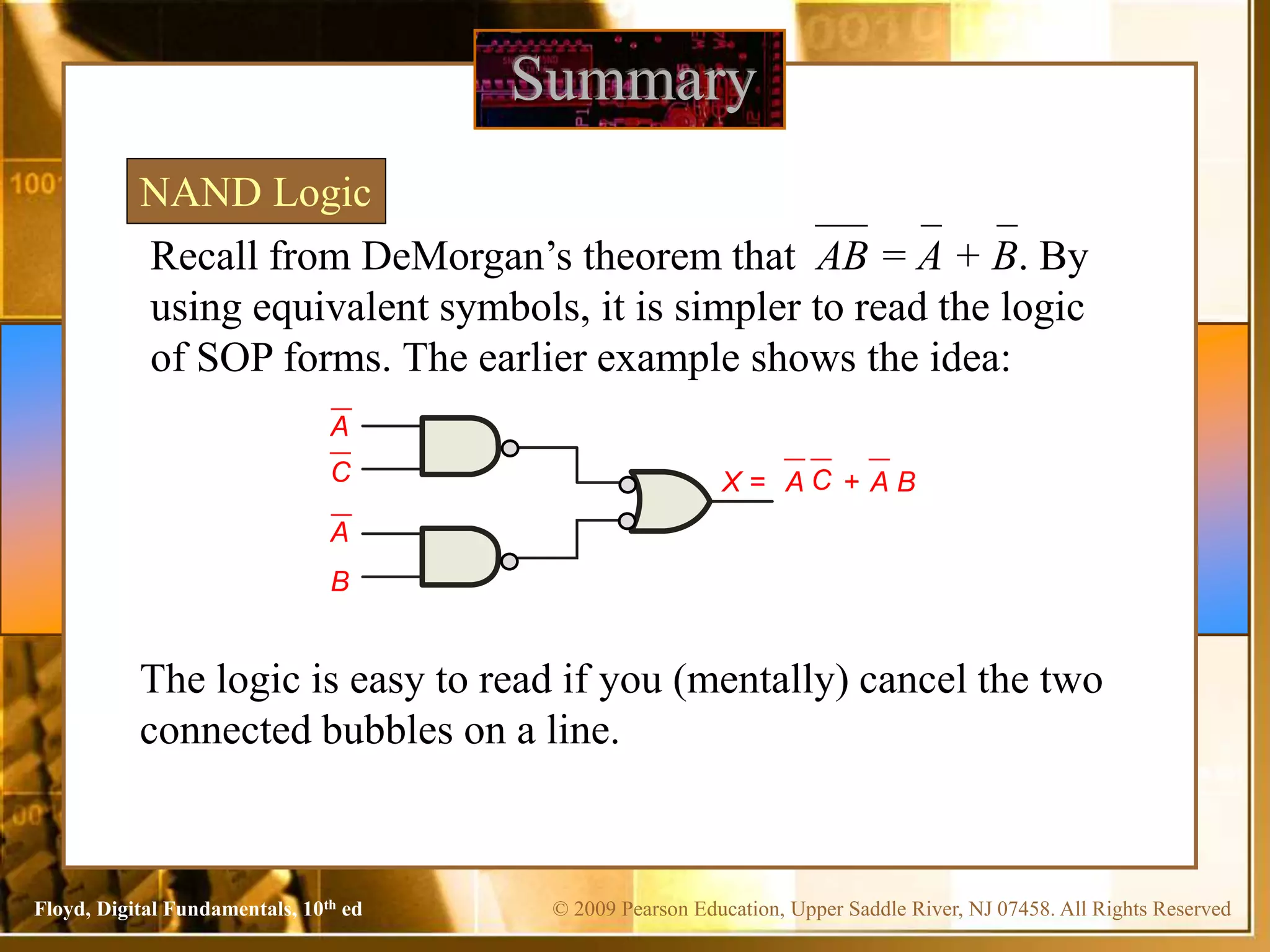 © 2009 Pearson Education, Upper Saddle River, NJ 07458. All Rights Reserved
Floyd, Digital Fundamentals, 10th ed
Summary
Recall from DeMorgan’s theorem that AB = A + B. By
using equivalent symbols, it is simpler to read the logic
of SOP forms. The earlier example shows the idea:
NAND Logic
C
A
B
A
C
A + A B
X =
The logic is easy to read if you (mentally) cancel the two
connected bubbles on a line.
 