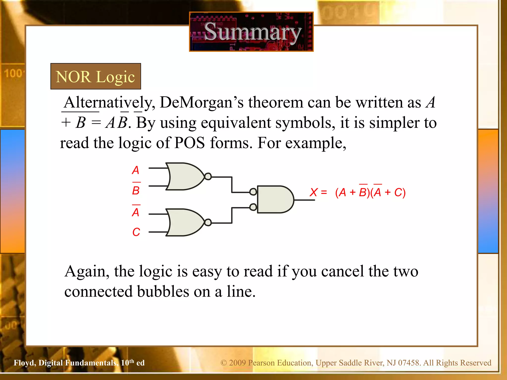 © 2009 Pearson Education, Upper Saddle River, NJ 07458. All Rights Reserved
Floyd, Digital Fundamentals, 10th ed
Summary
NOR Logic
B
A
C
A
X =
Again, the logic is easy to read if you cancel the two
connected bubbles on a line.
Alternatively, DeMorgan’s theorem can be written as A
+ B = AB. By using equivalent symbols, it is simpler to
read the logic of POS forms. For example,
(A + B)(A + C)
 
