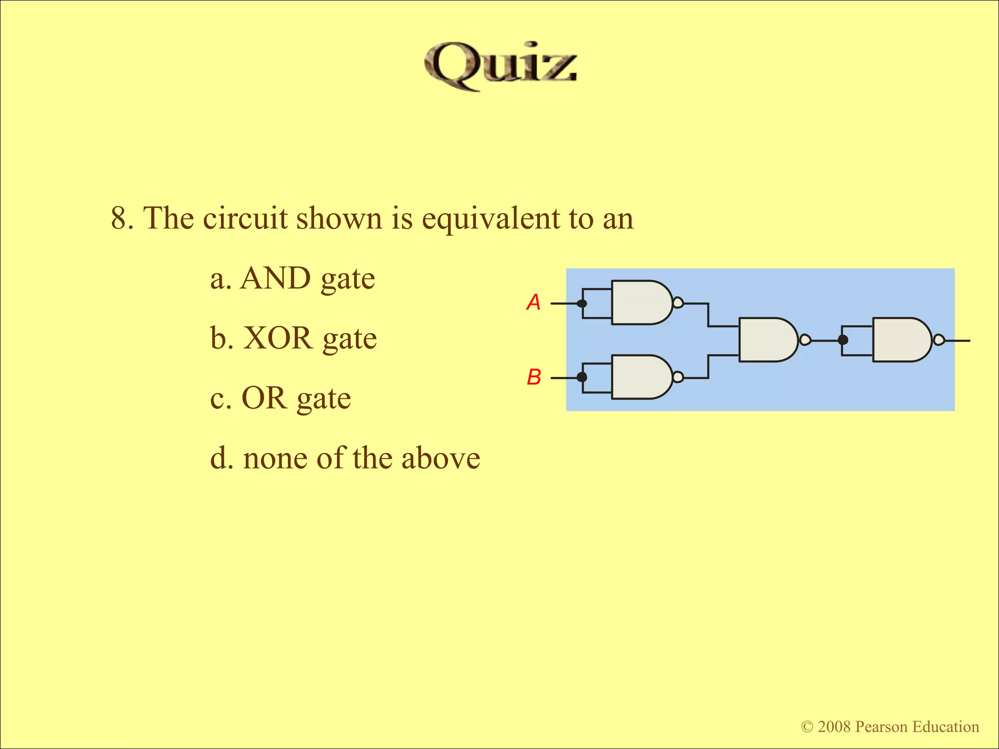 © 2009 Pearson Education, Upper Saddle River, NJ 07458. All Rights Reserved
Floyd, Digital Fundamentals, 10th ed
8. The circuit shown is equivalent to an
a. AND gate
b. XOR gate
c. OR gate
d. none of the above
© 2008 Pearson Education
A
B
 