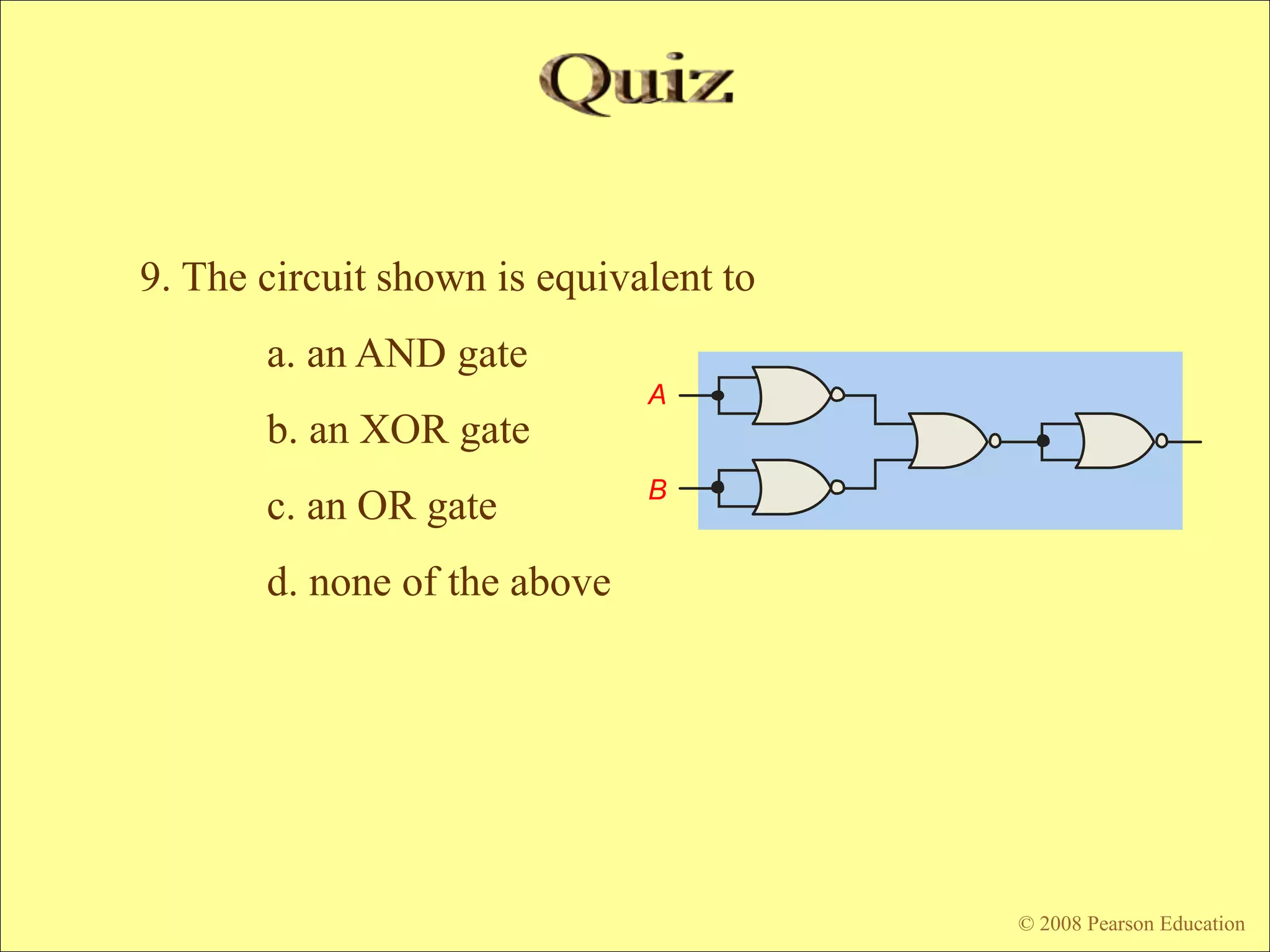 © 2009 Pearson Education, Upper Saddle River, NJ 07458. All Rights Reserved
Floyd, Digital Fundamentals, 10th ed
9. The circuit shown is equivalent to
a. an AND gate
b. an XOR gate
c. an OR gate
d. none of the above
© 2008 Pearson Education
A
B
 