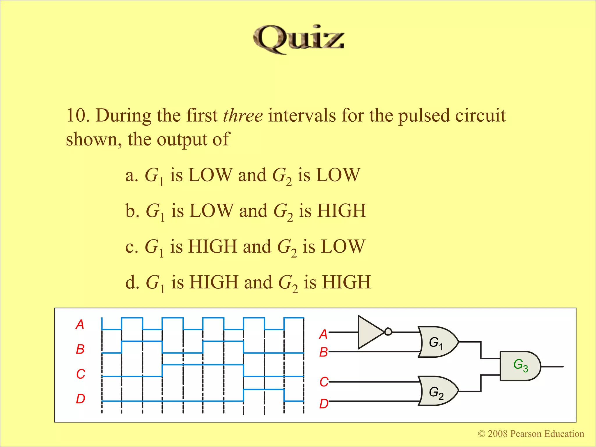 © 2009 Pearson Education, Upper Saddle River, NJ 07458. All Rights Reserved
Floyd, Digital Fundamentals, 10th ed
10. During the first three intervals for the pulsed circuit
shown, the output of
a. G1 is LOW and G2 is LOW
b. G1 is LOW and G2 is HIGH
c. G1 is HIGH and G2 is LOW
d. G1 is HIGH and G2 is HIGH
© 2008 Pearson Education
A
B
C
D
A
B
C
D
G1
G2
G3
 