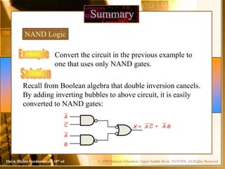 © 2009 Pearson Education, Upper Saddle River, NJ 07458. All Rights Reserved
Floyd, Digital Fundamentals, 10th ed
Summary
NAND Logic
Convert the circuit in the previous example to
one that uses only NAND gates.
Recall from Boolean algebra that double inversion cancels.
By adding inverting bubbles to above circuit, it is easily
converted to NAND gates:
C
A
B
A
C
A + A B
X =
 