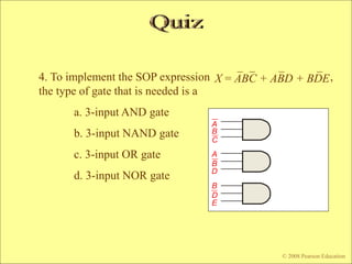 © 2009 Pearson Education, Upper Saddle River, NJ 07458. All Rights Reserved
Floyd, Digital Fundamentals, 10th ed
© 2008 Pearson Education
4. To implement the SOP expression ,
the type of gate that is needed is a
a. 3-input AND gate
b. 3-input NAND gate
c. 3-input OR gate
d. 3-input NOR gate
X = ABC + ABD + BDE
C
A
B
E
D
B
A
B
D
 
