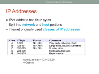IP Addresses
● IPv4 address has four bytes
– Split into network and host portions
– Internet originally used classes of IP addresses
System and Network Administration
www.ju.edu.et = 10.140.5.20
● Class A
 