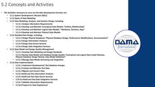 5.2 Concepts and Activities
• The Activities necessary to carry out the data development function are:
• 5.2.1 System Development Lifecycle (SDLC)
• 5.2.2 Styles of Data Modeling
• 5.2.3 Data Modeling, Analysis, and Solution Design, including:
• 5.2.3.1 Analyze Information Requirements
• 5.2.3.2 Develop and Maintain Conceptual Data Models “Entities, Relationships”
• 5.2.3.3 Develop and Maintain Logical Data Models “ Attributes, Domains, Keys”
• 5.2.3.4 Develop and Maintain Physical Data Models
• 5.2.4 Detailed Data Design, including:
• 5.2.4.1 Design Physical Databases “Physical Database Design, Performance Modifications, Documentation”
• 5.2.4.2 Design Information Products
• 5.2.4.3 Design Data Access Services
• 5.2.4.4 Design Data Integration Services
• 5.2.5 Data Model and Design Quality Management
• 5.2.5.1 Develop Data Modeling and Design Standards
• 5.2.5.2 Review Data Model and Database Design Quality “Conceptual and Logical Data model Reviews,
Physical Database Design Review, Data Model Validation”
• 5.2.5.3 Manage Data Model Versioning and Integration
• 5.2.6 Data Implementation
• 5.2.6.1 Implement Development/ Test database changes
• 5.2.6.2 Created and Maintain Test Data
• 5.2.6.3 Migrate and Convert Data
• 5.2.6.4 Build and Test Information Products
• 5.2.6.5 Build and Test Data Access Services
• 5.25.6.6 Build and Test Data Integration Services
• 5.2.6.7 Validate information Requirements
• 5.2.6.8 Prepare for Data Deployment
 