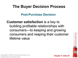 Chapter 5- slide 29
Copyright © 2010 Pearson Education, Inc.
Publishing as Prentice Hall
The Buyer Decision Process
Customer satisfaction is a key to
building profitable relationships with
consumers—to keeping and growing
consumers and reaping their customer
lifetime value
Post-Purchase Decision
 