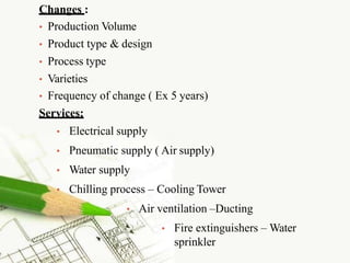 Changes :
• Production Volume
• Product type & design
• Process type
• Varieties
• Frequency of change ( Ex 5 years)
Services:
• Electrical supply
• Pneumatic supply ( Air supply)
• Water supply
• Chilling process – Cooling Tower
• Air ventilation –Ducting
• Fire extinguishers – Water
sprinklers
 