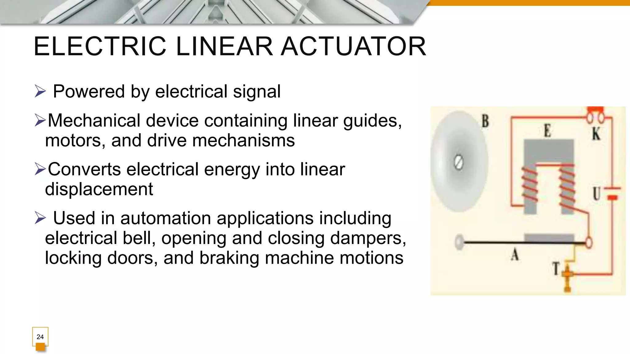 ELECTRIC LINEAR ACTUATOR
 Powered by electrical signal
Mechanical device containing linear guides,
motors, and drive mechanisms
Converts electrical energy into linear
displacement
 Used in automation applications including
electrical bell, opening and closing dampers,
locking doors, and braking machine motions
24
 