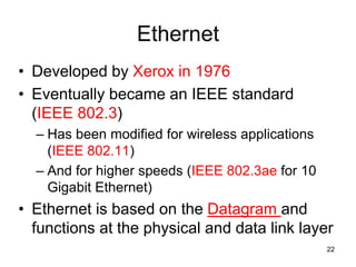 Ethernet
• Developed by Xerox in 1976
• Eventually became an IEEE standard
(IEEE 802.3)
– Has been modified for wireless applications
(IEEE 802.11)
– And for higher speeds (IEEE 802.3ae for 10
Gigabit Ethernet)
• Ethernet is based on the Datagram and
functions at the physical and data link layer
22
 