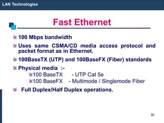 Fast Ethernet
100 Mbps bandwidth
Uses same CSMA/CD media access protocol and
packet format as in Ethernet.
100BaseTX (UTP) and 100BaseFX (Fiber) standards
Physical media :-
100 BaseTX - UTP Cat 5e
100 BaseFX - Multimode / Singlemode Fiber
Full Duplex/Half Duplex operations.
LAN Technologies
30
 