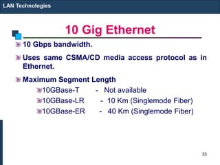 10 Gig Ethernet
10 Gbps bandwidth.
Uses same CSMA/CD media access protocol as in
Ethernet.
Maximum Segment Length
10GBase-T - Not available
10GBase-LR - 10 Km (Singlemode Fiber)
10GBase-ER - 40 Km (Singlemode Fiber)
LAN Technologies
33
 