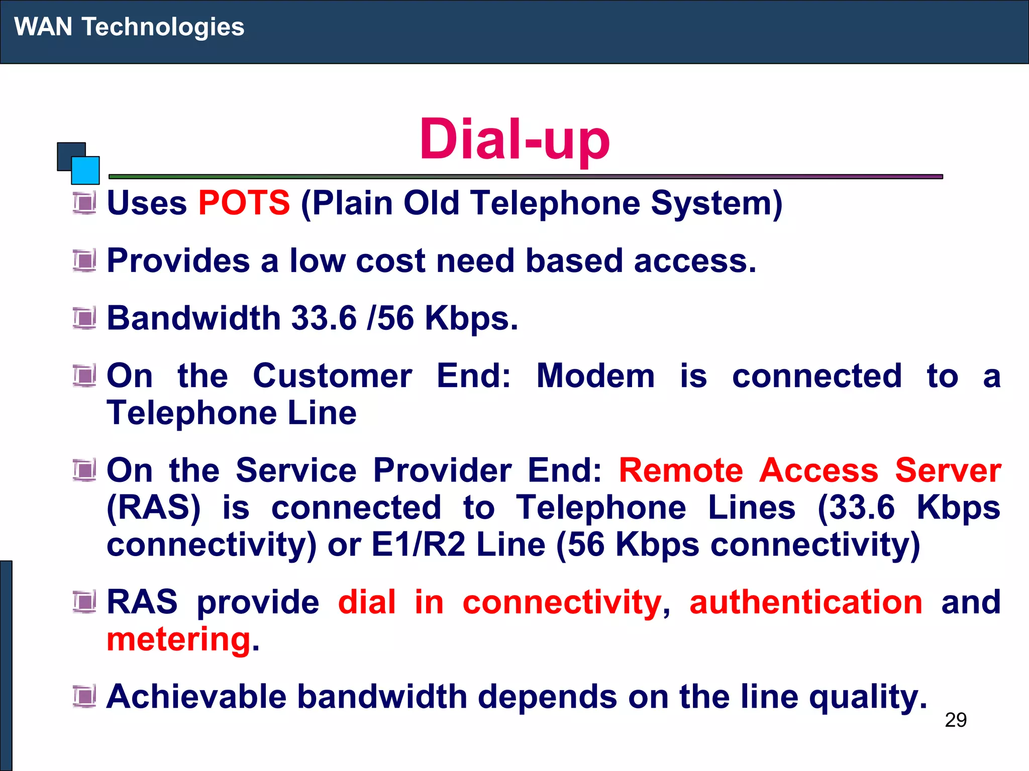 Dial-up
Uses POTS (Plain Old Telephone System)
Provides a low cost need based access.
Bandwidth 33.6 /56 Kbps.
On the Customer End: Modem is connected to a
Telephone Line
On the Service Provider End: Remote Access Server
(RAS) is connected to Telephone Lines (33.6 Kbps
connectivity) or E1/R2 Line (56 Kbps connectivity)
RAS provide dial in connectivity, authentication and
metering.
Achievable bandwidth depends on the line quality.
WAN Technologies
29
 