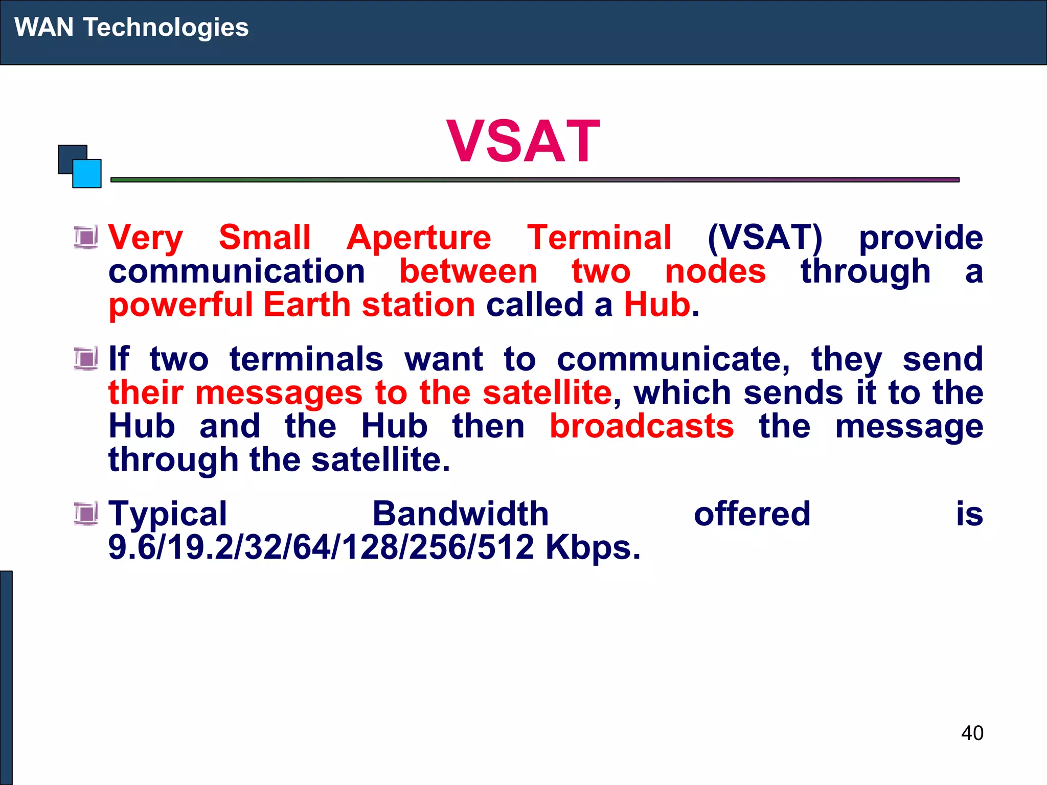 VSAT
Very Small Aperture Terminal (VSAT) provide
communication between two nodes through a
powerful Earth station called a Hub.
If two terminals want to communicate, they send
their messages to the satellite, which sends it to the
Hub and the Hub then broadcasts the message
through the satellite.
Typical Bandwidth offered is
9.6/19.2/32/64/128/256/512 Kbps.
WAN Technologies
40
 