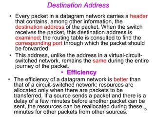 Destination Address
• Every packet in a datagram network carries a header
that contains, among other information, the
destination address of the packet. When the switch
receives the packet, this destination address is
examined; the routing table is consulted to find the
corresponding port through which the packet should
be forwarded.
• This address, unlike the address in a virtual-circuit-
switched network, remains the same during the entire
journey of the packet.
• Efficiency
• The efficiency of a datagram network is better than
that of a circuit-switched network; resources are
allocated only when there are packets to be
transferred. If a source sends a packet and there is a
delay of a few minutes before another packet can be
sent, the resources can be reallocated during these
minutes for other packets from other sources.
15
 