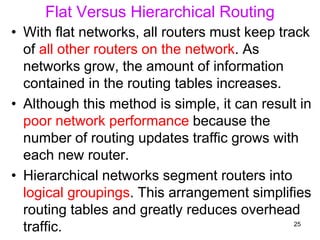 Flat Versus Hierarchical Routing
• With flat networks, all routers must keep track
of all other routers on the network. As
networks grow, the amount of information
contained in the routing tables increases.
• Although this method is simple, it can result in
poor network performance because the
number of routing updates traffic grows with
each new router.
• Hierarchical networks segment routers into
logical groupings. This arrangement simplifies
routing tables and greatly reduces overhead
traffic. 25
 