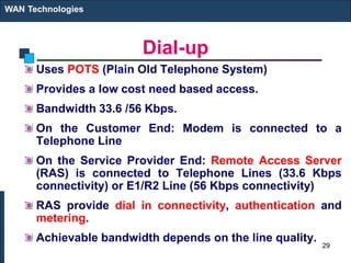 Dial-up
Uses POTS (Plain Old Telephone System)
Provides a low cost need based access.
Bandwidth 33.6 /56 Kbps.
On the Customer End: Modem is connected to a
Telephone Line
On the Service Provider End: Remote Access Server
(RAS) is connected to Telephone Lines (33.6 Kbps
connectivity) or E1/R2 Line (56 Kbps connectivity)
RAS provide dial in connectivity, authentication and
metering.
Achievable bandwidth depends on the line quality.
WAN Technologies
29
 