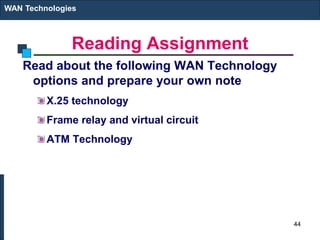 Reading Assignment
Read about the following WAN Technology
options and prepare your own note
X.25 technology
Frame relay and virtual circuit
ATM Technology
WAN Technologies
44
 