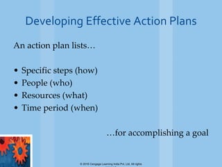 Developing Effective Action Plans
An action plan lists…
• Specific steps (how)
• People (who)
• Resources (what)
• Time pe...