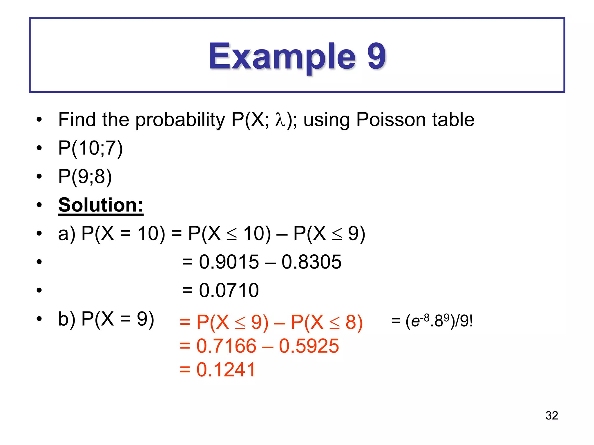 32
Example 9
• Find the probability P(X; ); using Poisson table
• P(10;7)
• P(9;8)
• Solution:
• a) P(X = 10) = P(X  10) – P(X  9)
• = 0.9015 – 0.8305
• = 0.0710
• b) P(X = 9) = P(X  9) – P(X  8)
= 0.7166 – 0.5925
= 0.1241
= (e-8.89)/9!
 