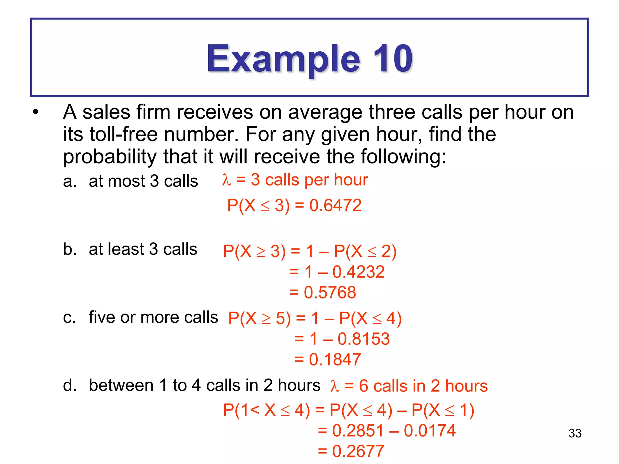 33
Example 10
• A sales firm receives on average three calls per hour on
its toll-free number. For any given hour, find the
probability that it will receive the following:
a. at most 3 calls
b. at least 3 calls
c. five or more calls
d. between 1 to 4 calls in 2 hours
 = 3 calls per hour
P(X  3) = 0.6472
P(X  3) = 1 – P(X  2)
= 1 – 0.4232
= 0.5768
P(X  5) = 1 – P(X  4)
= 1 – 0.8153
= 0.1847
 = 6 calls in 2 hours
P(1< X  4) = P(X  4) – P(X  1)
= 0.2851 – 0.0174
= 0.2677
 