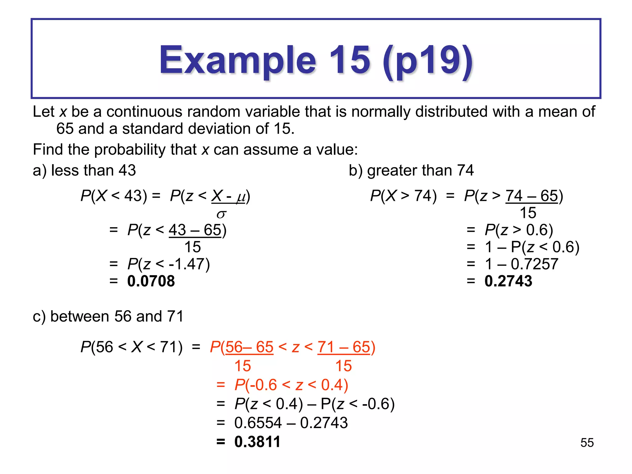 55
Example 15 (p19)
Let x be a continuous random variable that is normally distributed with a mean of
65 and a standard deviation of 15.
Find the probability that x can assume a value:
a) less than 43 b) greater than 74
c) between 56 and 71
P(56 < X < 71) = P(56– 65 < z < 71 – 65)
15 15
= P(-0.6 < z < 0.4)
= P(z < 0.4) – P(z < -0.6)
= 0.6554 – 0.2743
= 0.3811
P(X < 43) = P(z < X - )

= P(z < 43 – 65)
15
= P(z < -1.47)
= 0.0708
P(X > 74) = P(z > 74 – 65)
15
= P(z > 0.6)
= 1 – P(z < 0.6)
= 1 – 0.7257
= 0.2743
 