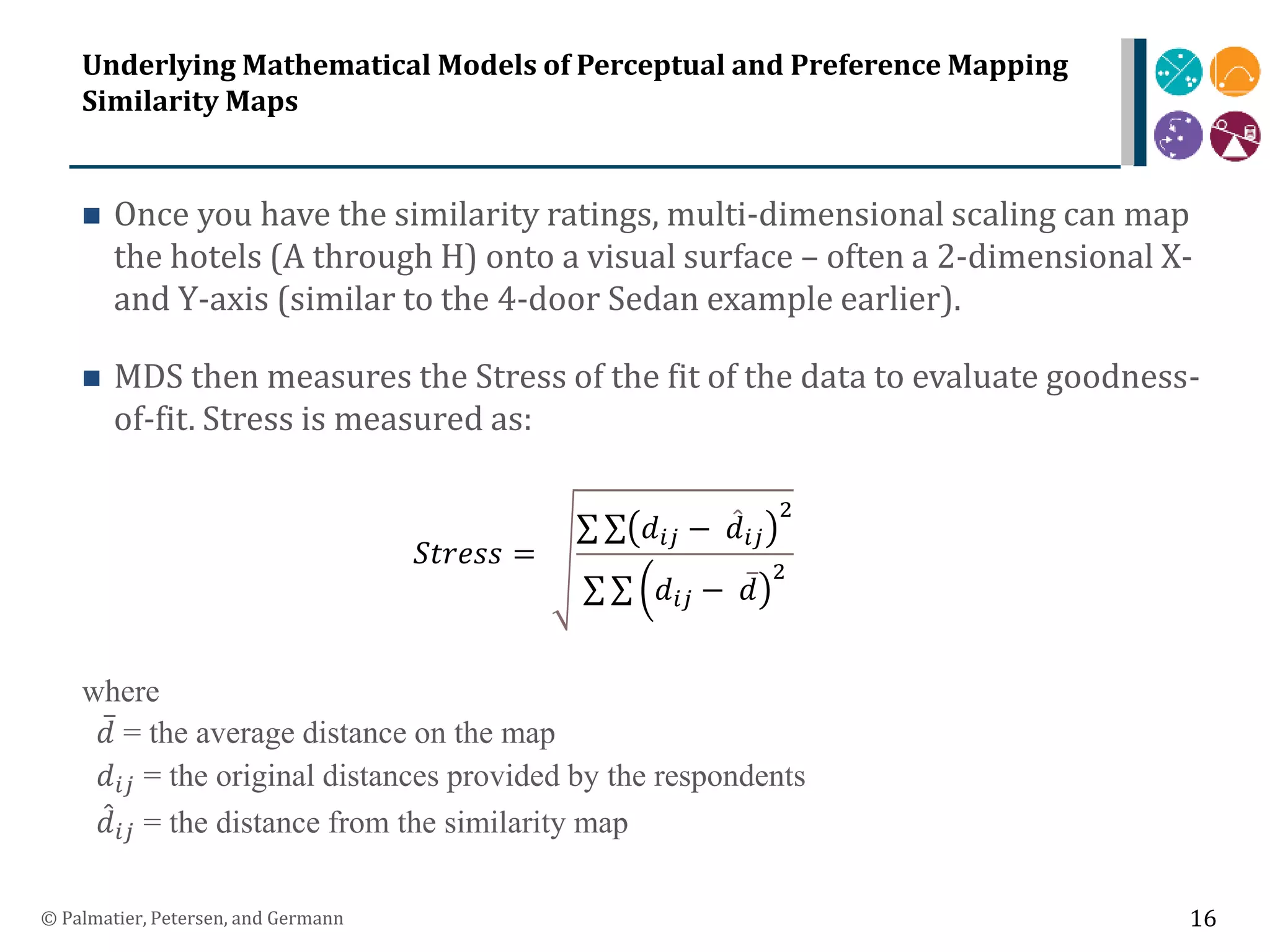 Underlying Mathematical Models of Perceptual and Preference Mapping
Similarity Maps
 Once you have the similarity ratings, multi-dimensional scaling can map
the hotels (A through H) onto a visual surface – often a 2-dimensional X-
and Y-axis (similar to the 4-door Sedan example earlier).
 MDS then measures the Stress of the fit of the data to evaluate goodness-
of-fit. Stress is measured as:
where
𝑑 = the average distance on the map
𝑑𝑖𝑗 = the original distances provided by the respondents
𝑑𝑖𝑗 = the distance from the similarity map
© Palmatier, Petersen, and Germann 16
𝑆𝑡𝑟𝑒𝑠𝑠 =
𝑑𝑖𝑗 − 𝑑𝑖𝑗
2
𝑑𝑖𝑗 − 𝑑
2
 