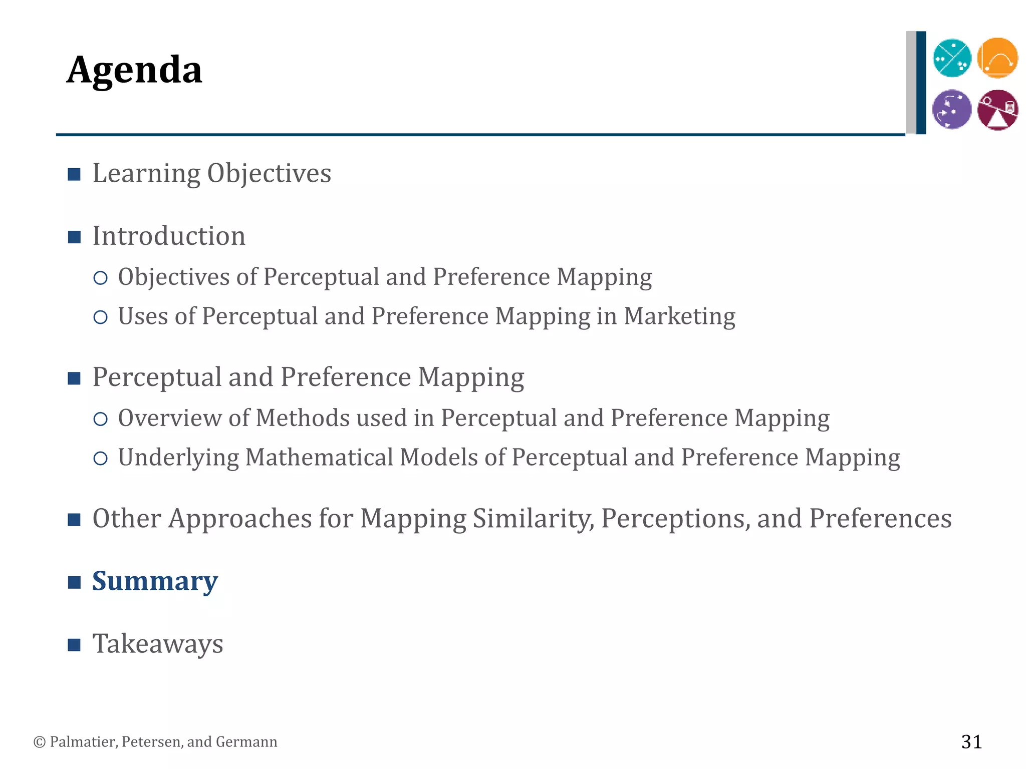 Agenda
 Learning Objectives
 Introduction
 Objectives of Perceptual and Preference Mapping
 Uses of Perceptual and Preference Mapping in Marketing
 Perceptual and Preference Mapping
 Overview of Methods used in Perceptual and Preference Mapping
 Underlying Mathematical Models of Perceptual and Preference Mapping
 Other Approaches for Mapping Similarity, Perceptions, and Preferences
 Summary
 Takeaways
© Palmatier, Petersen, and Germann 31
 