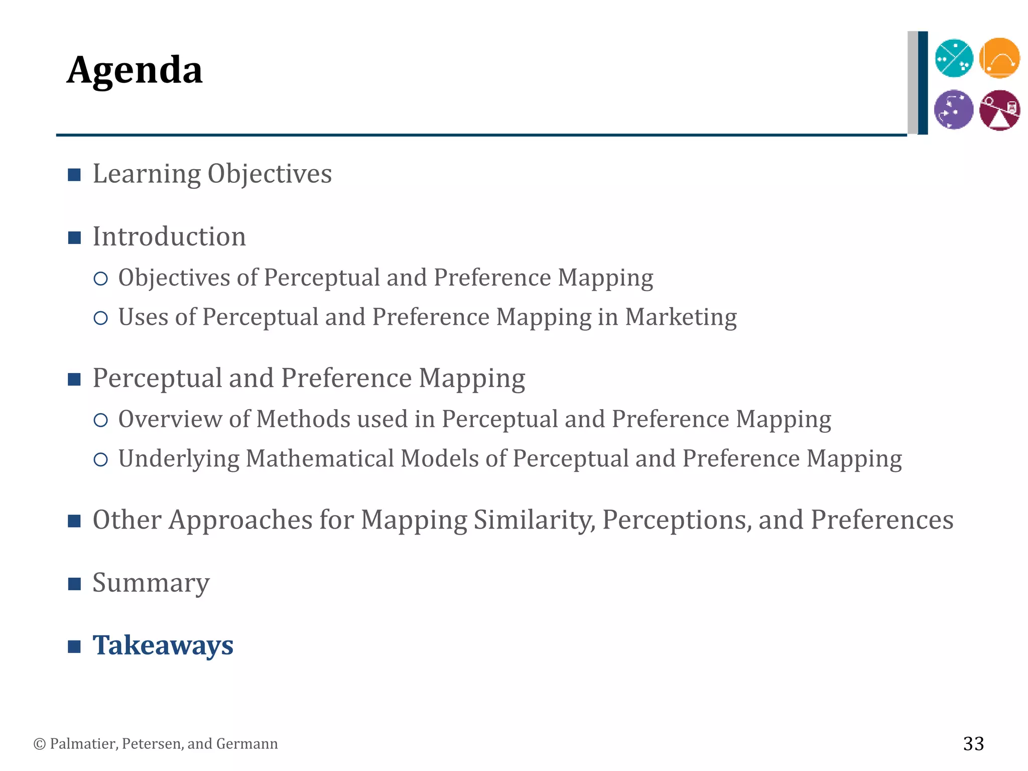 Agenda
 Learning Objectives
 Introduction
 Objectives of Perceptual and Preference Mapping
 Uses of Perceptual and Preference Mapping in Marketing
 Perceptual and Preference Mapping
 Overview of Methods used in Perceptual and Preference Mapping
 Underlying Mathematical Models of Perceptual and Preference Mapping
 Other Approaches for Mapping Similarity, Perceptions, and Preferences
 Summary
 Takeaways
© Palmatier, Petersen, and Germann 33
 