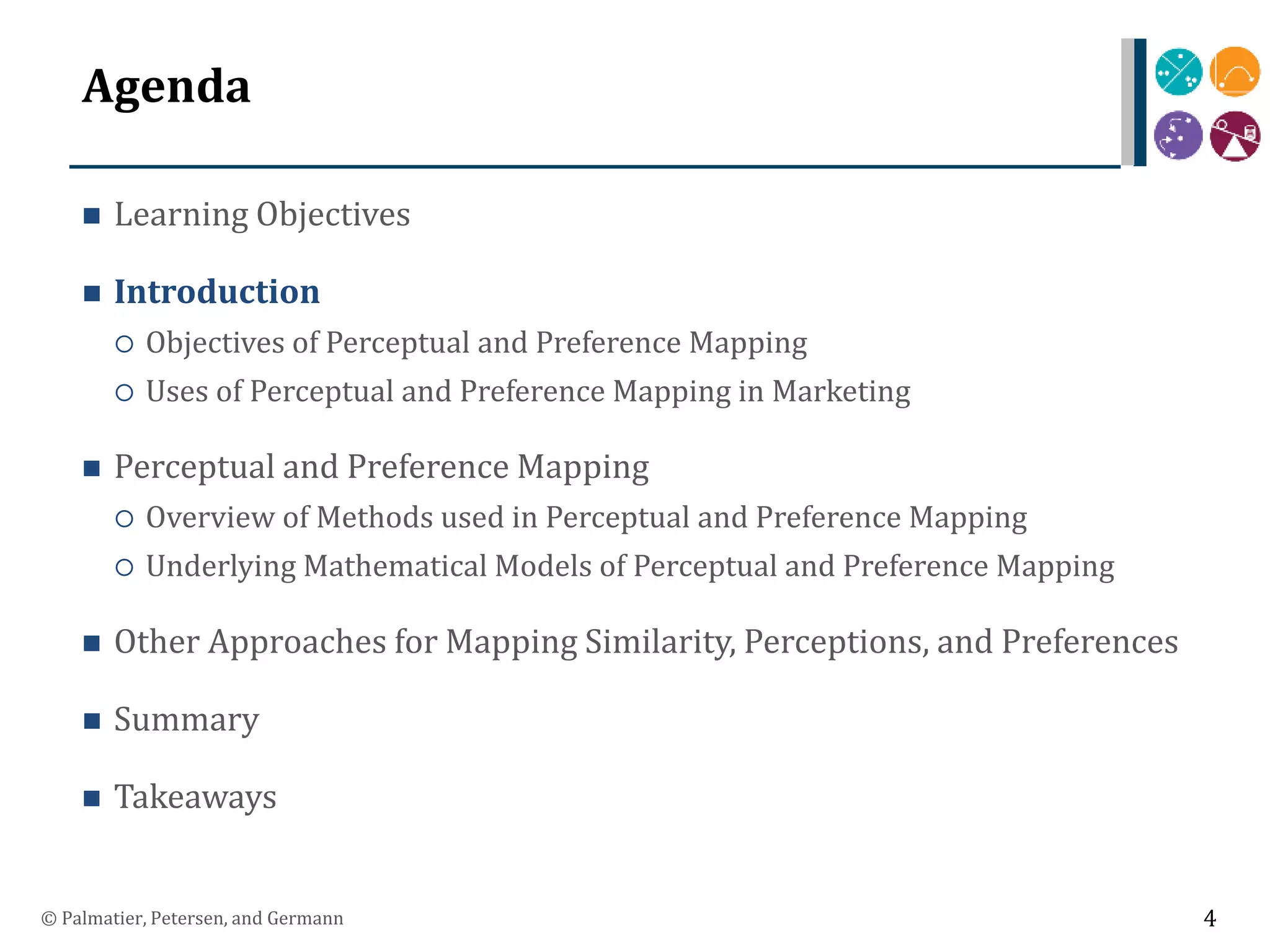Agenda
 Learning Objectives
 Introduction
 Objectives of Perceptual and Preference Mapping
 Uses of Perceptual and Preference Mapping in Marketing
 Perceptual and Preference Mapping
 Overview of Methods used in Perceptual and Preference Mapping
 Underlying Mathematical Models of Perceptual and Preference Mapping
 Other Approaches for Mapping Similarity, Perceptions, and Preferences
 Summary
 Takeaways
© Palmatier, Petersen, and Germann 4
 