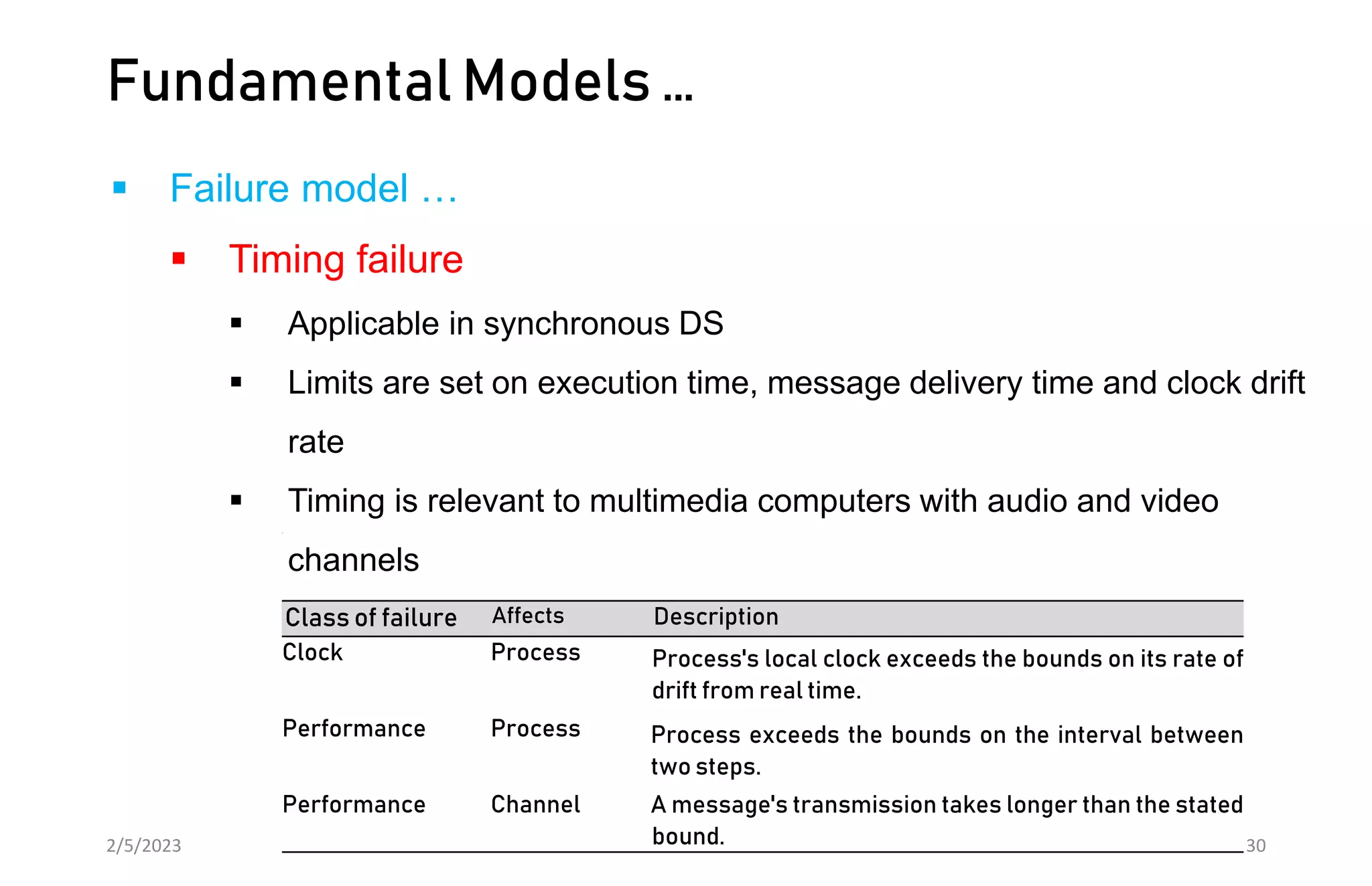 Fundamental Models …
 Failure model …
 Timing failure
 Applicable in synchronous DS
 Limits are set on execution time, message delivery time and clock drift
rate
 Timing is relevant to multimedia computers with audio and video
channels
2/5/2023 30
Class of failure Affects Description
Clock Process Process's local clock exceeds the bounds on its rate of
drift from real time.
Performance Process Process exceeds the bounds on the interval between
two steps.
Performance Channel A message's transmission takes longer than the stated
bound.
 