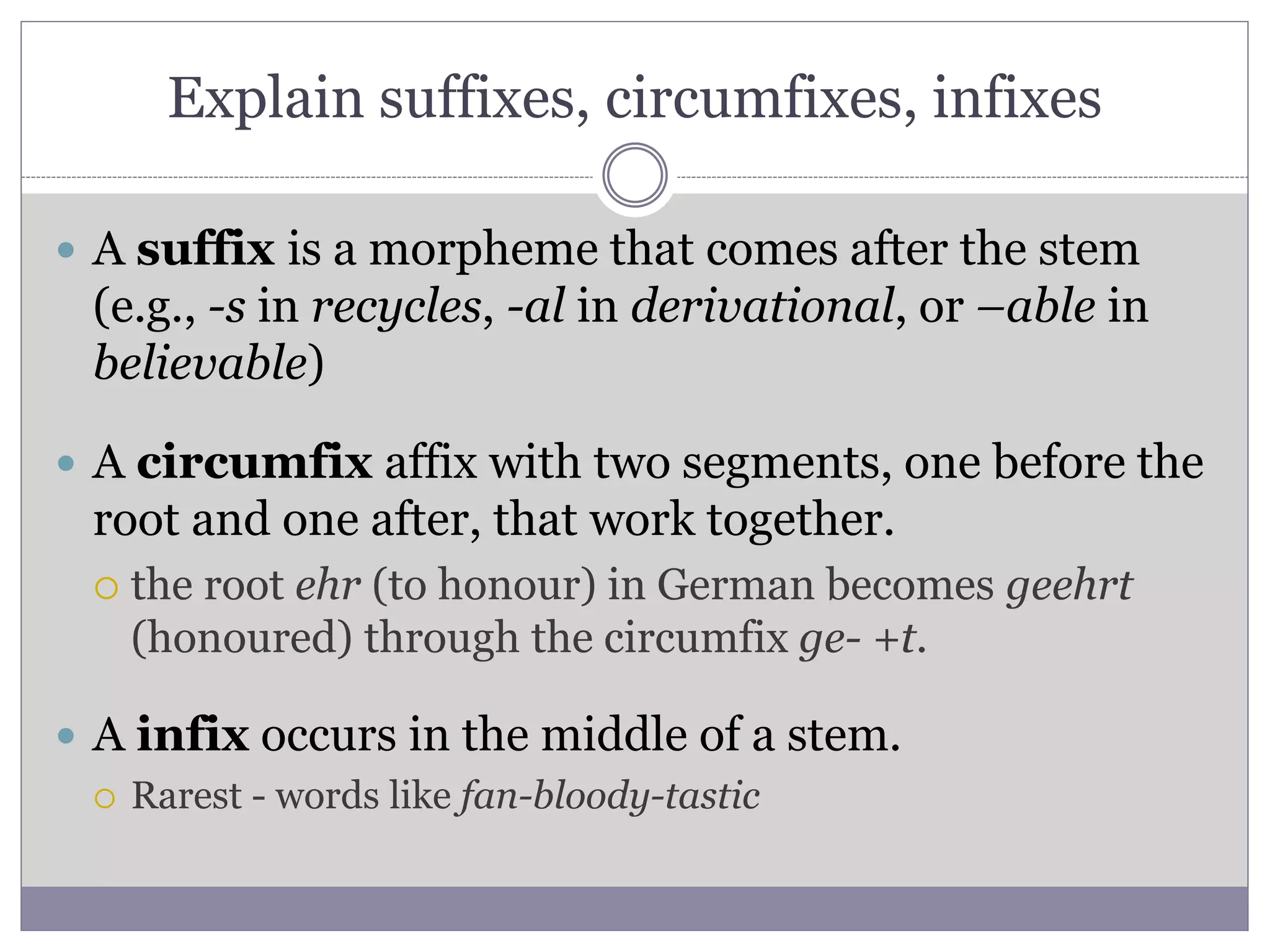 Explain suffixes, circumfixes, infixes
 A suffix is a morpheme that comes after the stem
(e.g., -s in recycles, -al in derivational, or –able in
believable)
 A circumfix affix with two segments, one before the
root and one after, that work together.
 the root ehr (to honour) in German becomes geehrt
(honoured) through the circumfix ge- +t.
 A infix occurs in the middle of a stem.
 Rarest - words like fan-bloody-tastic
 