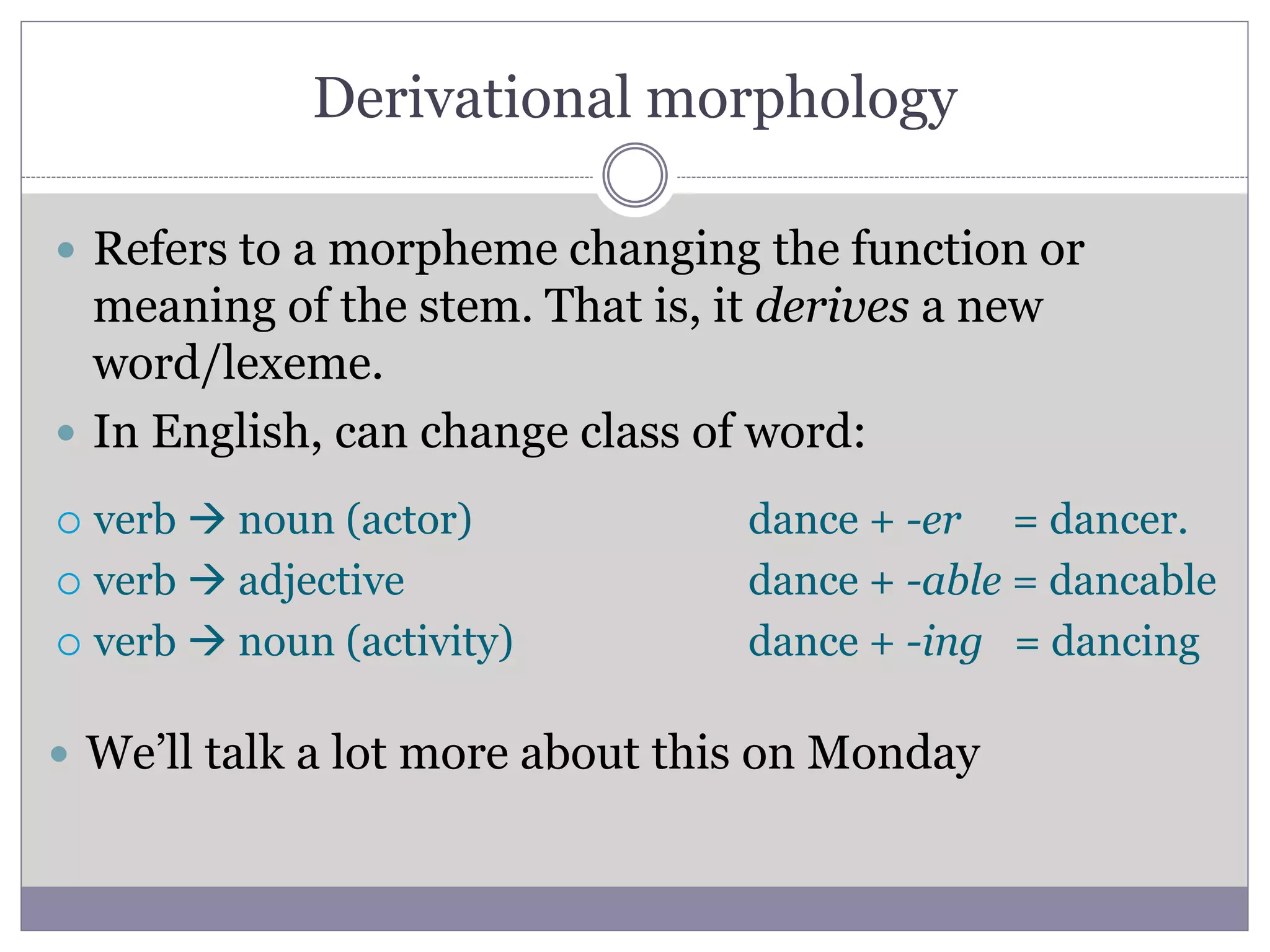 Derivational morphology
 Refers to a morpheme changing the function or
meaning of the stem. That is, it derives a new
word/lexeme.
 In English, can change class of word:
 verb  noun (actor)
 verb  adjective
 verb  noun (activity)
dance + -er = dancer.
dance + -able = dancable
dance + -ing = dancing
 We’ll talk a lot more about this on Monday
 