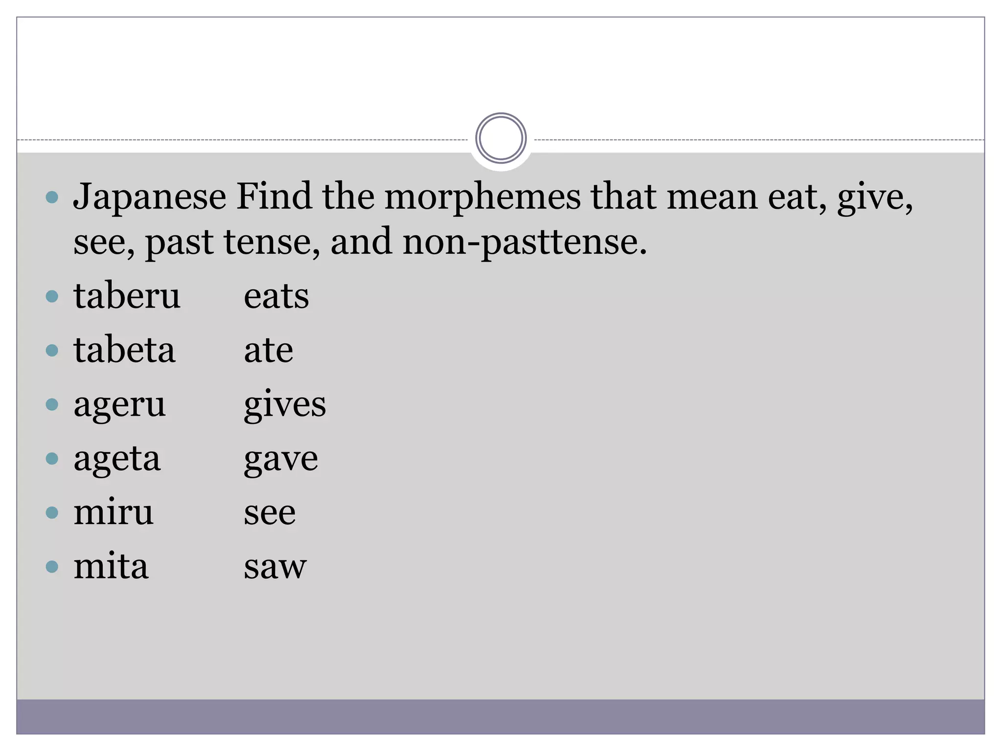  Japanese Find the morphemes that mean eat, give,
see, past tense, and non-pasttense.
 taberu eats
 tabeta ate
 ageru gives
 ageta gave
 miru see
 mita saw
 