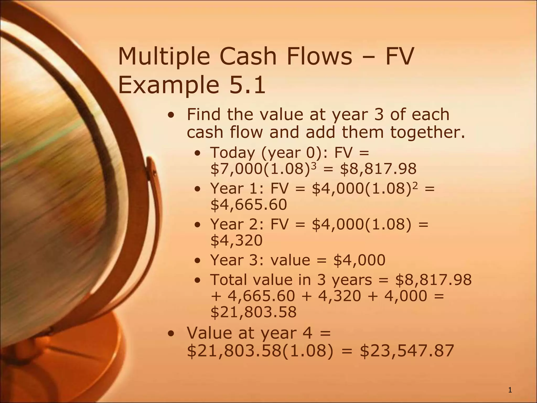 Multiple Cash Flows – FV
Example 5.1
• Find the value at year 3 of each
cash flow and add them together.
• Today (year 0): FV =
$7,000(1.08)3 = $8,817.98
• Year 1: FV = $4,000(1.08)2 =
$4,665.60
• Year 2: FV = $4,000(1.08) =
$4,320
• Year 3: value = $4,000
• Total value in 3 years = $8,817.98
+ 4,665.60 + 4,320 + 4,000 =
$21,803.58
• Value at year 4 =
$21,803.58(1.08) = $23,547.87
1
 