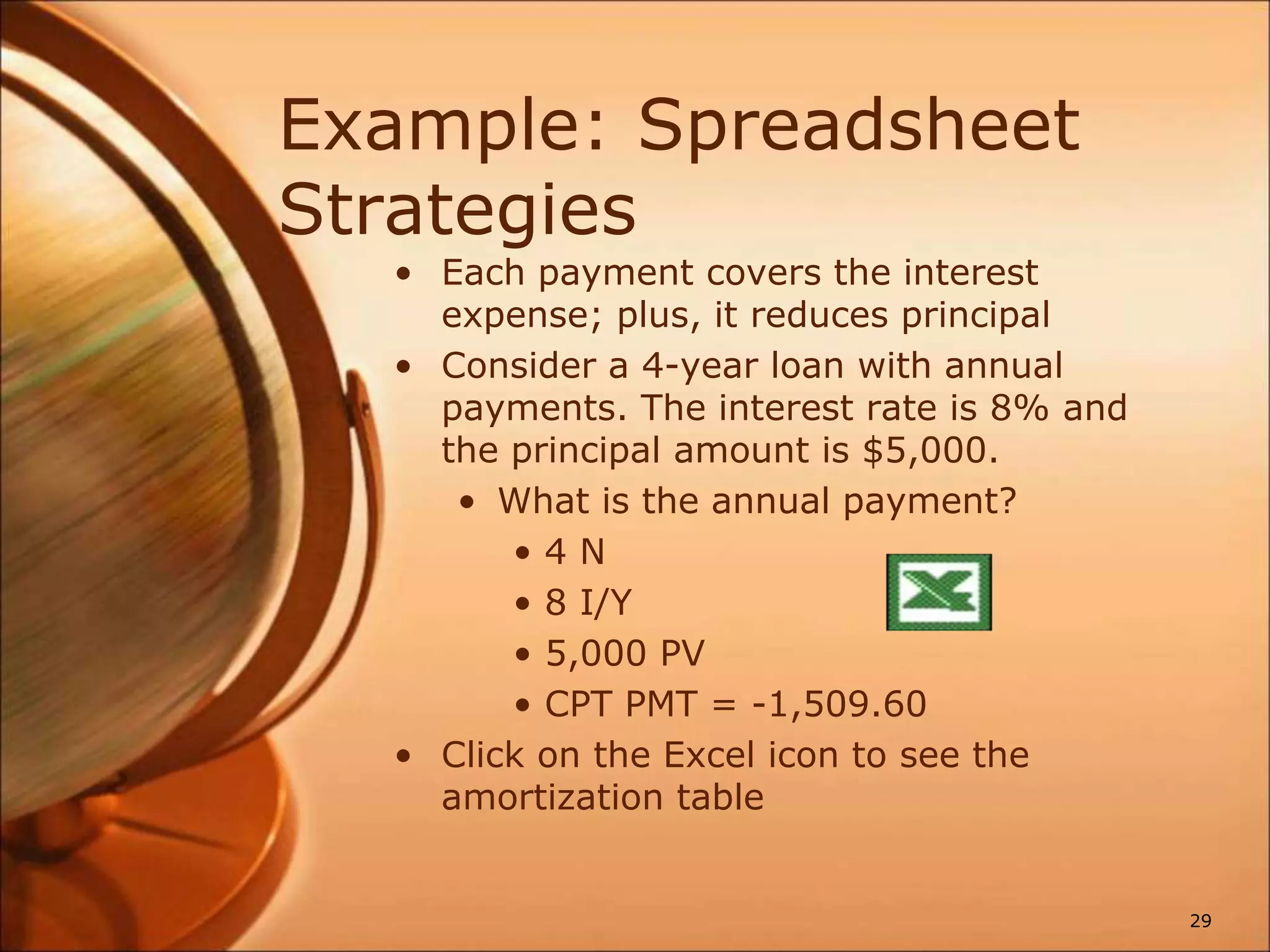 Example: Spreadsheet
Strategies
• Each payment covers the interest
expense; plus, it reduces principal
• Consider a 4-year loan with annual
payments. The interest rate is 8% and
the principal amount is $5,000.
• What is the annual payment?
• 4 N
• 8 I/Y
• 5,000 PV
• CPT PMT = -1,509.60
• Click on the Excel icon to see the
amortization table
29
 