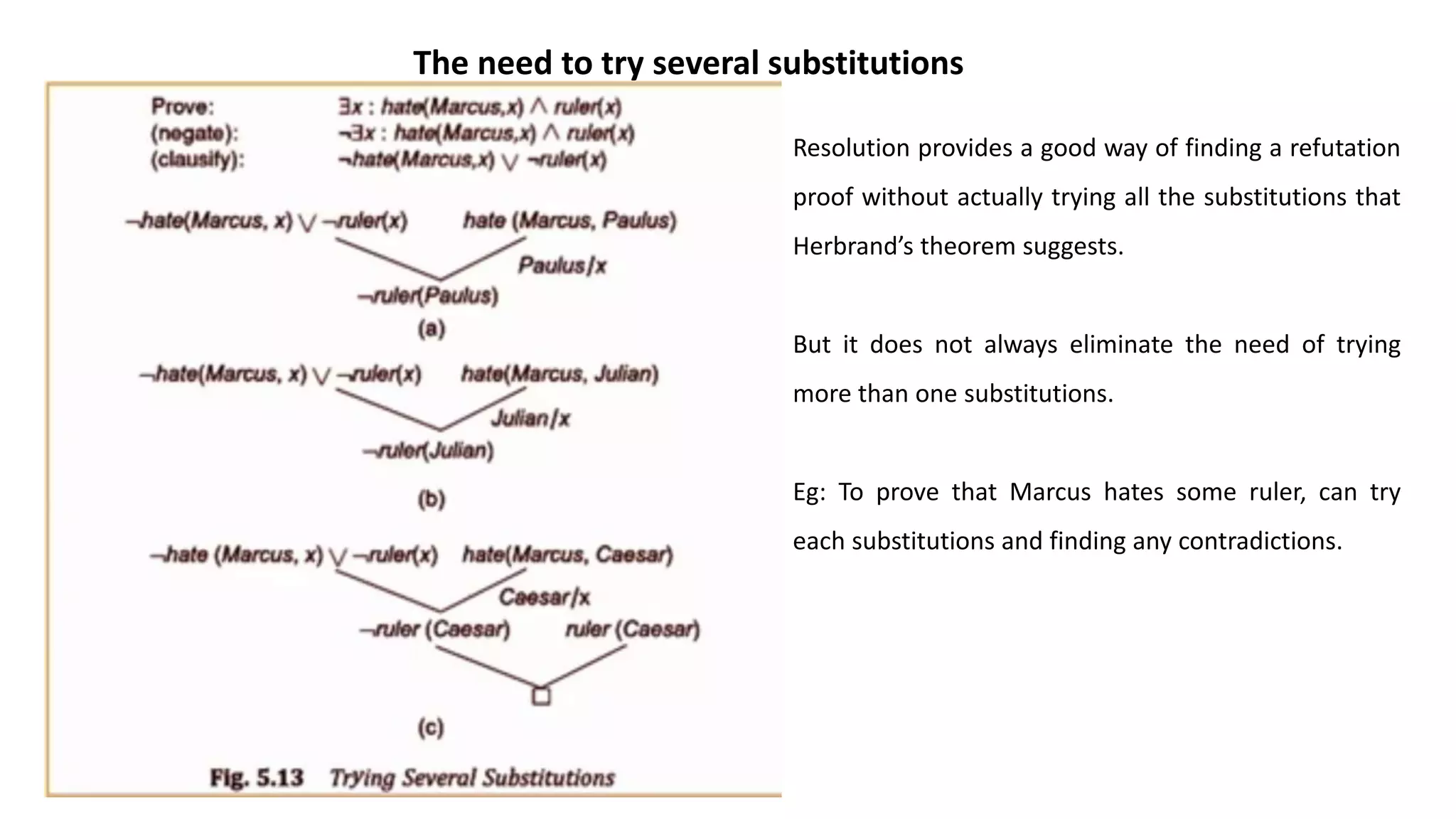 The need to try several substitutions
Resolution provides a good way of finding a refutation
proof without actually trying all the substitutions that
Herbrand’s theorem suggests.
But it does not always eliminate the need of trying
more than one substitutions.
Eg: To prove that Marcus hates some ruler, can try
each substitutions and finding any contradictions.
 
