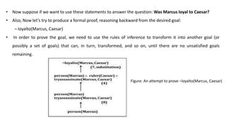 • Now suppose if we want to use these statements to answer the question: Was Marcus loyal to Caesar?
• Also, Now let’s try to produce a formal proof, reasoning backward from the desired goal:
¬ Ioyalto(Marcus, Caesar)
• In order to prove the goal, we need to use the rules of inference to transform it into another goal (or
possibly a set of goals) that can, in turn, transformed, and so on, until there are no unsatisfied goals
remaining.
Figure: An attempt to prove ¬loyalto(Marcus, Caesar)
 