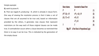 Simple example:
Q. want to prove R.
A. Then we negate R, producing ¬ R, which is already in clause form.
One way of viewing the resolution process is that it takes a set of
clauses that are all assumed to be true and, based on information
provided by the others, it generates new clauses that represent
restrictions on the way each of those original clauses can be made
true. A contradiction occurs when a clause becomes so restricted that
there is no way it can be true. This is indicated by the generation of
the empty clause
 