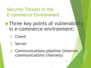 Security Threats in the
E-commerce Environment
Three key points of vulnerability
in e-commerce environment:
1. Client
2. Server
3. Communications pipeline (Internet
communications channels)
Slide
5-15
 