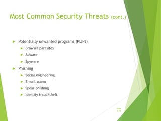 Most Common Security Threats (cont.)
 Potentially unwanted programs (PUPs)
 Browser parasites
 Adware
 Spyware
 Phishing
 Social engineering
 E-mail scams
 Spear-phishing
 Identity fraud/theft
Slide
5-19
 