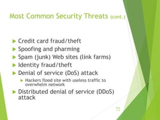 Most Common Security Threats (cont.)
 Credit card fraud/theft
 Spoofing and pharming
 Spam (junk) Web sites (link farms)
 Identity fraud/theft
 Denial of service (DoS) attack
 Hackers flood site with useless traffic to
overwhelm network
 Distributed denial of service (DDoS)
attack
Slide
5-22
 