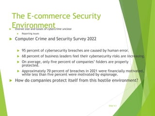 The E-commerce Security
Environment
 Overall size and losses of cybercrime unclear
 Reporting issues
 Computer Crime and Security Survey 2022
 95 percent of cybersecurity breaches are caused by human error.
 68 percent of business leaders feel their cybersecurity risks are increasing.
 On average, only five percent of companies’ folders are properly
protected.
 Approximately 70 percent of breaches in 2021 were financially motivated,
while less than five percent were motivated by espionage.
 How do companies protect itself from this hostile environment?
Slide 5-3
 