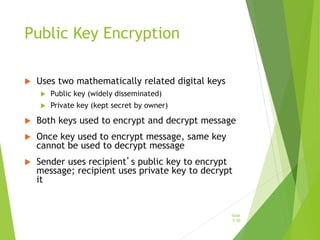 Public Key Encryption
 Uses two mathematically related digital keys
 Public key (widely disseminated)
 Private key (kept secret by owner)
 Both keys used to encrypt and decrypt message
 Once key used to encrypt message, same key
cannot be used to decrypt message
 Sender uses recipient’s public key to encrypt
message; recipient uses private key to decrypt
it
Slide
5-30
 