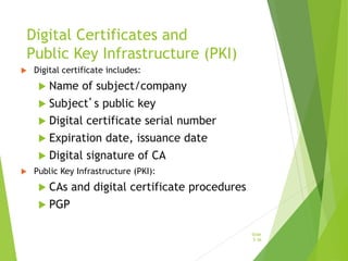 Digital Certificates and
Public Key Infrastructure (PKI)
 Digital certificate includes:
 Name of subject/company
 Subject’s public key
 Digital certificate serial number
 Expiration date, issuance date
 Digital signature of CA
 Public Key Infrastructure (PKI):
 CAs and digital certificate procedures
 PGP
Slide
5-36
 
