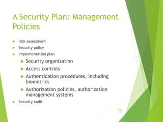 A Security Plan: Management
Policies
 Risk assessment
 Security policy
 Implementation plan
 Security organization
 Access controls
 Authentication procedures, including
biometrics
 Authorization policies, authorization
management systems
 Security audit
Slide
5-45
 