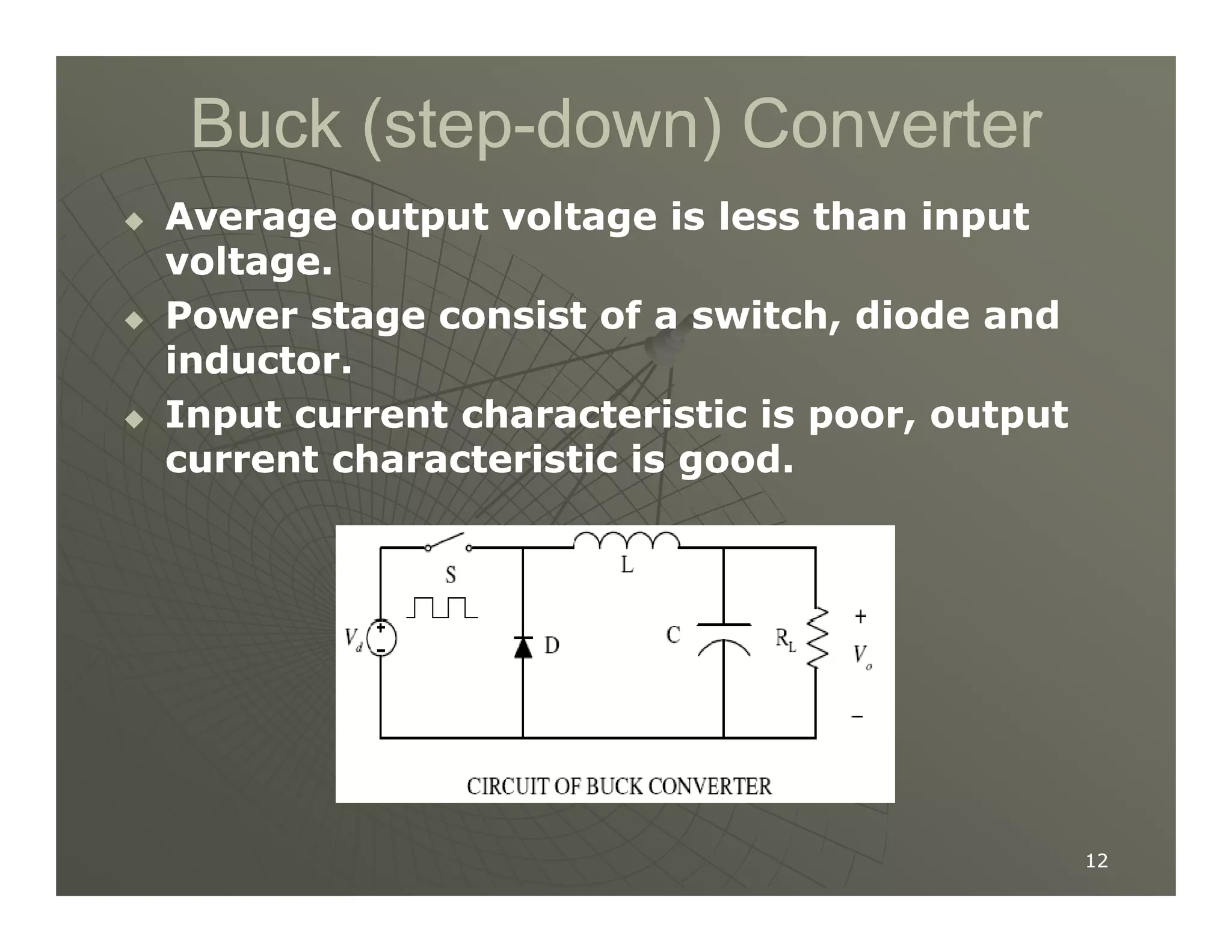 Buck (step
Buck (step-
-down) Converter
down) Converter

 Average output voltage is less than input
Average output voltage is less than input
voltage.
voltage.

 Power stage consist of a switch, diode and
Power stage consist of a switch, diode and
inductor.
inductor.

 Input current characteristic is poor, output
Input current characteristic is poor, output
current characteristic is good.
current characteristic is good.
12
12
current characteristic is good.
current characteristic is good.
 