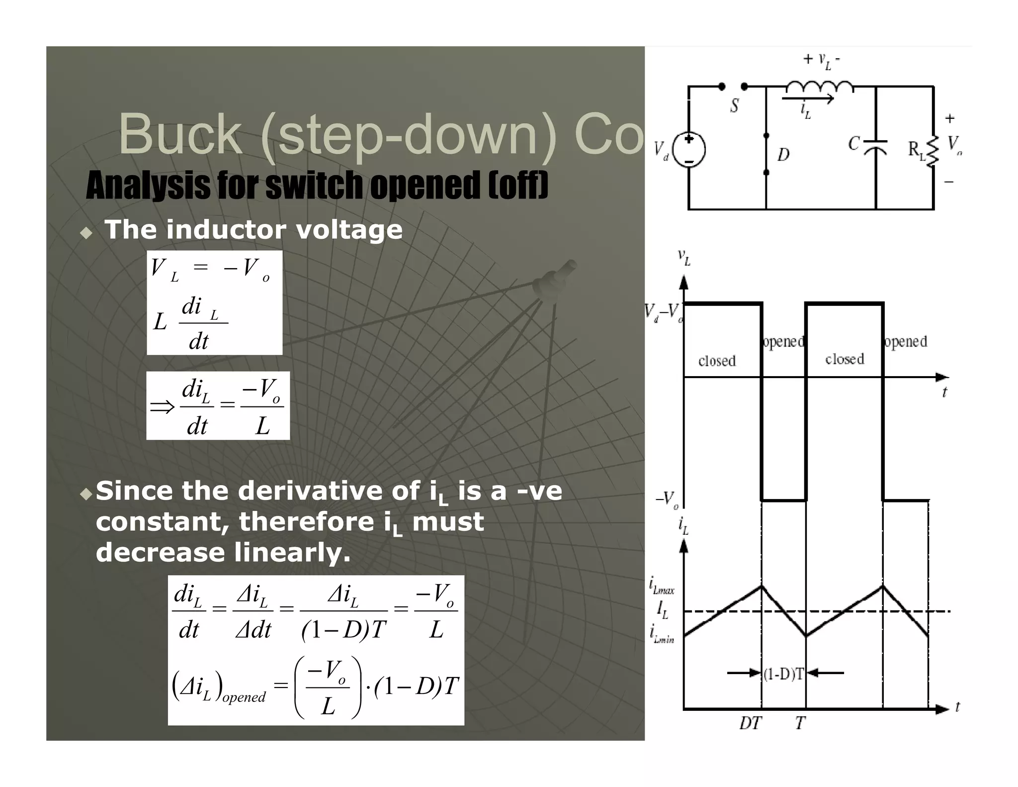 Buck (step
Buck (step-
-down) Converter
down) Converter

 The inductor voltage
The inductor voltage
Analysis for switch opened (off)
dt
di
L
V
=
V
L
o
L −
V
=
di o
L −
⇒
14
14

Since the derivative of i
Since the derivative of iL
L is a
is a -
-ve
ve
constant, therefore i
constant, therefore iL
L must
must
decrease linearly.
decrease linearly.
L
V
=
dt
di o
L −
⇒
( ) D)T
(
L
V
=
∆i
L
V
=
D)T
(
∆i
=
∆dt
∆i
=
dt
di
o
opened
L
o
L
L
L
−
⋅





 −
−
−
1
1
 