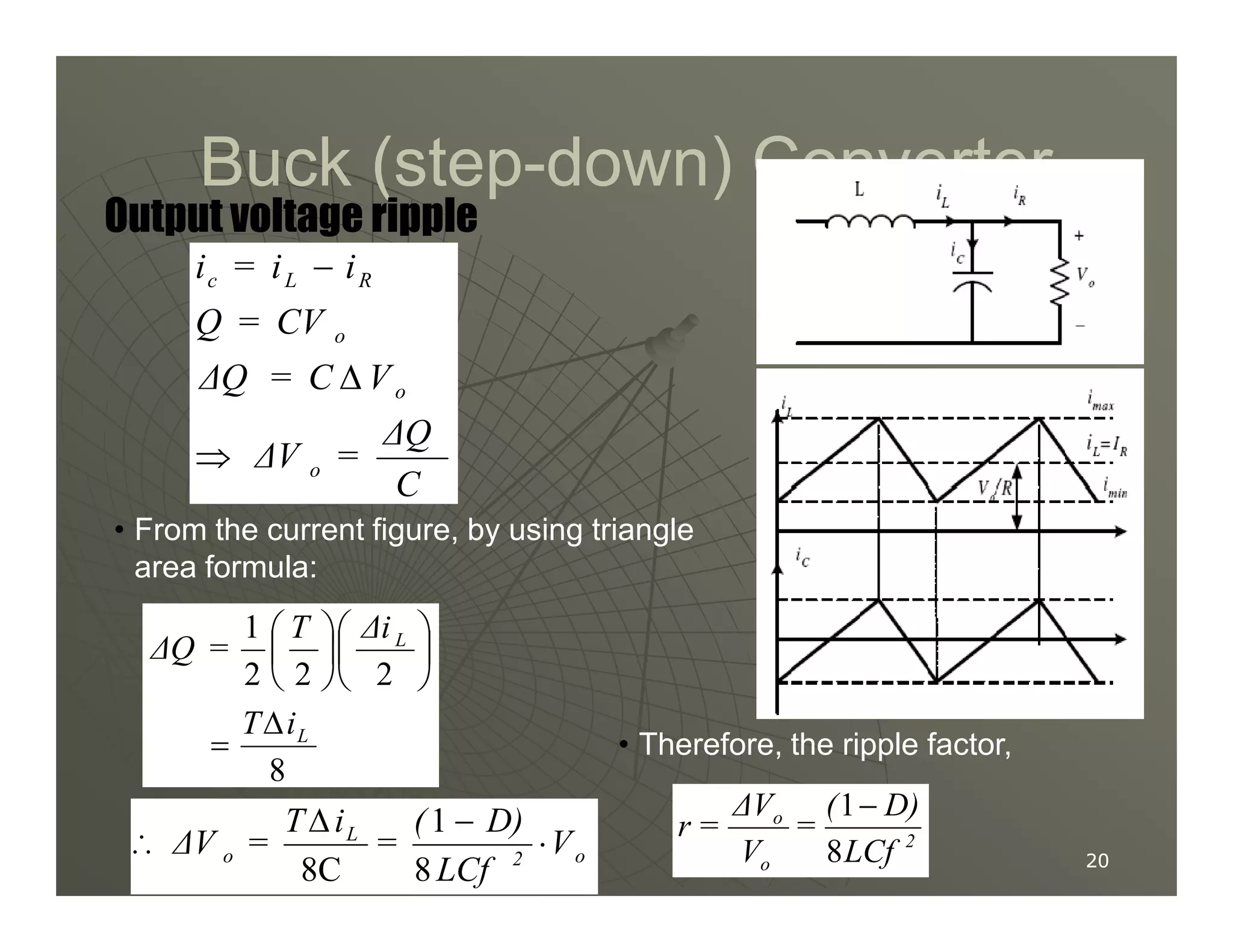 Buck (step
Buck (step-
-down) Converter
down) Converter
C
∆Q
=
∆V
V
C
=
∆Q
CV
=
Q
i
i
=
i
o
o
o
R
L
c
⇒
∆
−
Output voltage ripple
20
20
C
o
• From the current figure, by using triangle
area formula:
8
2
2
2
1
L
L
i
T
∆i
T
=
∆Q
∆
=












o
2
L
o V
LCf
D)
(
=
i
T
=
∆V ⋅
−
∆
8
1
8C
∴
• Therefore, the ripple factor,
2
o
o
LCf
D)
(
=
V
∆V
=
r
8
1−
 
